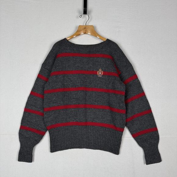 90’s Vtg Polo Ralph Lauren XL Striped Boat Neck Wool Knit Sweater Gray Red Crest